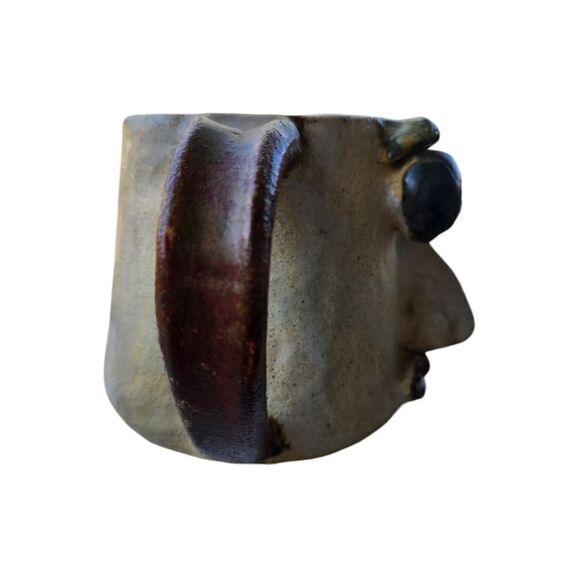 Ugly Face Pottery Mug Big Eyeballs Clay Coffee cup Brown Tan Beige Vintage Heavy - Picture 4 of 10